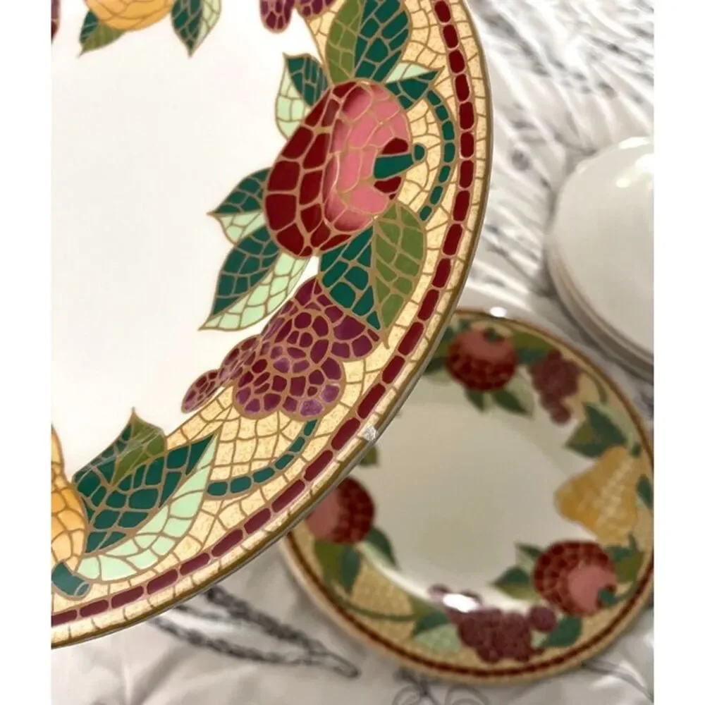 Pier 1 Fruit Mosaic Pattern Earthenware Dinner Plates Set Of 8 bold SEE PHOTOS